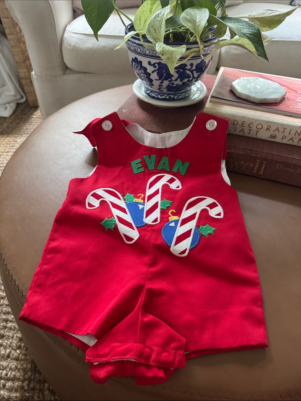 Personalized Red Holiday Toddler Romper with Candy Cane Appliqué